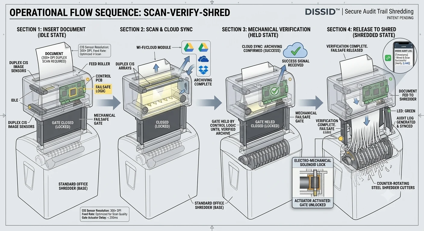 Operational flow sequence: scan, verify, shred — the four mechanical states of the hold-and-verify gate